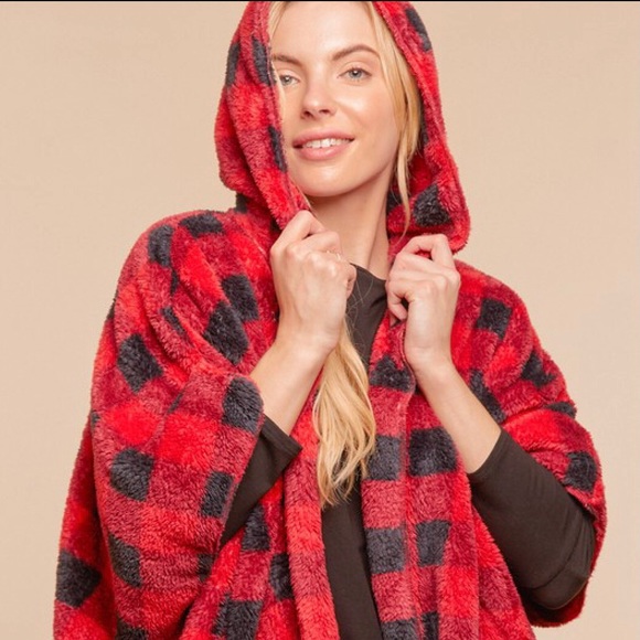 Red Plaid Sherpa Cardigan Open Front Hooded Relaxed Fit - Picture 6 of 11